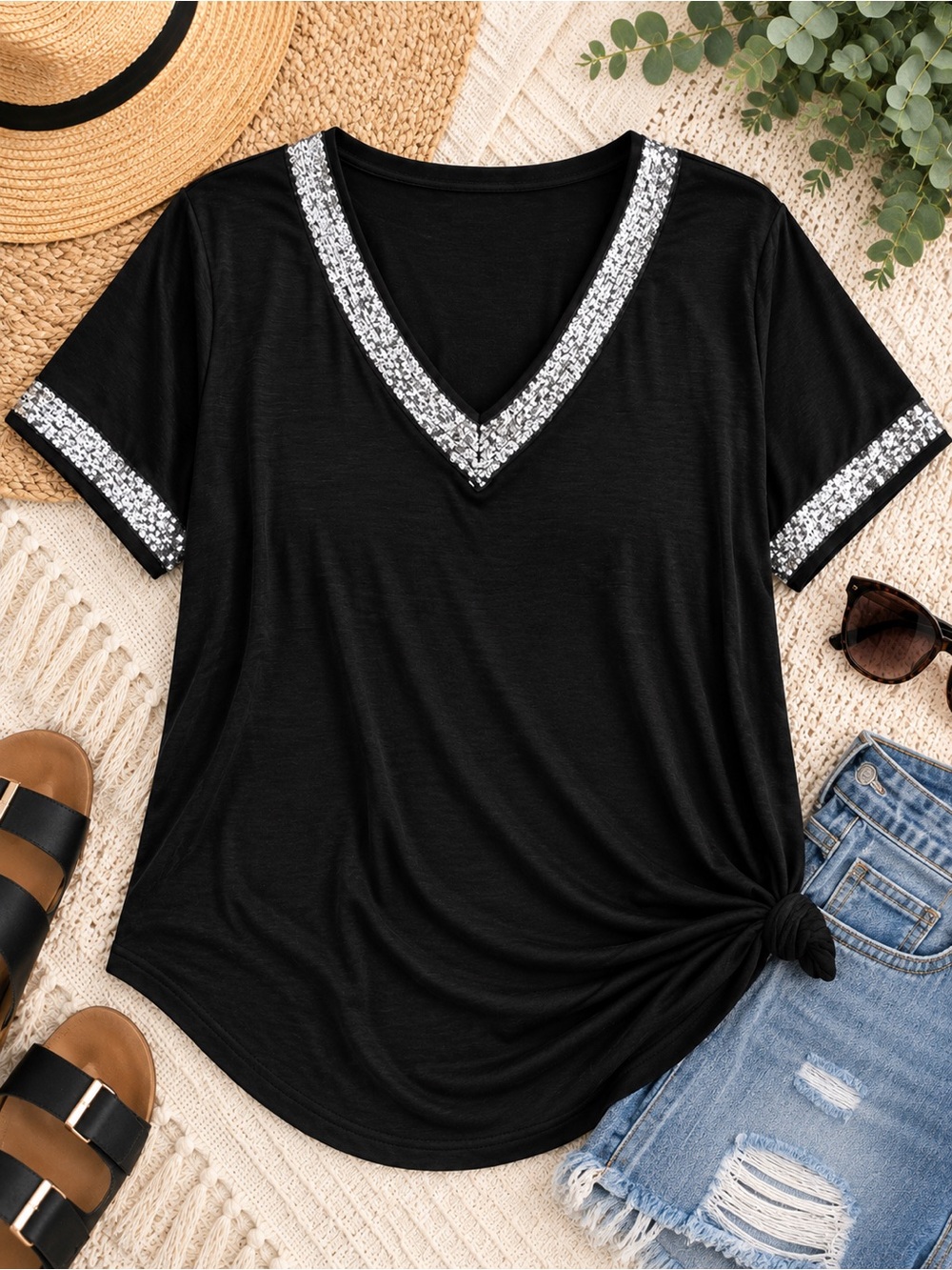 Black V-Neck Tee with Silver Sequin Trim